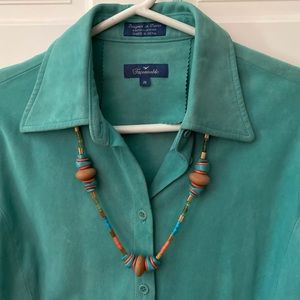 Necklace of light blue, salmon, beige and gold beads